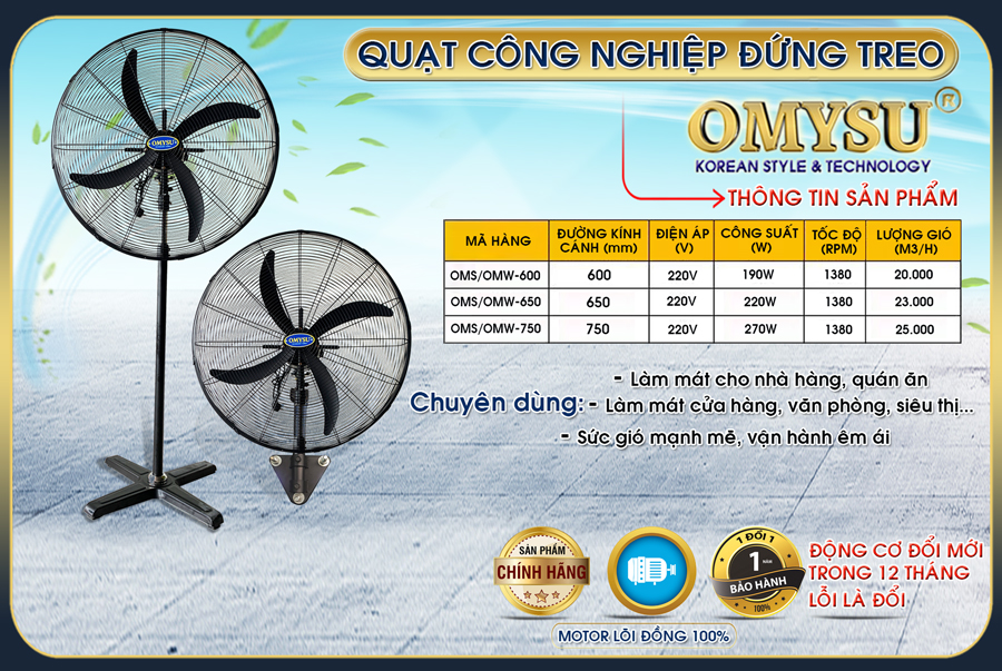 Quạt đứng OMS-750 – thông số kỹ thuật quạt đứng OMYSU